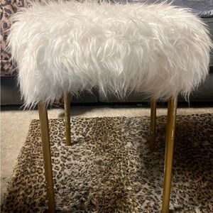 PRISM Round White Faux Fur Stool/chair with Gold Accent legs